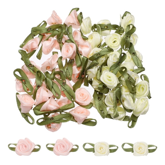 50 Pcs Mini Roses Bow 22mm Small Fabric Satin Ribbon Flower Bows Ribbon Roses for Craft Ornament Applique DIY Envelope Sewing Wedding Birthday Party, Beige/Pink