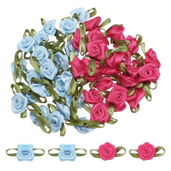 50 Pcs Mini Roses Bow 22mm Small Fabric Satin Ribbon Flower Bows Ribbon Roses for Craft Ornament Applique DIY Envelope Sewing Wedding Birthday Party, Blue/Rose Red