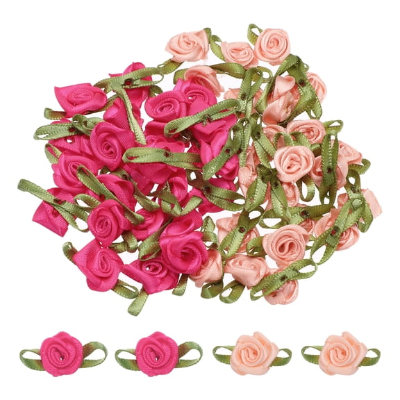 50 Pcs Mini Roses Bow 22mm Small Fabric Satin Ribbon Flower Bows Ribbon Roses for Craft Ornament Applique DIY Envelope Sewing Wedding Birthday Party, Champagne/Rose Red