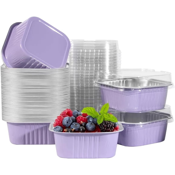 50 Pcs Mini Square Baking Cups with Lids,10oz Aluminum Foil Mini Cake Pans with Lids,Disposable Ramekins Cake Pans,300ml Dessert Cups Cupcake Pans for Wedding Birthday Party,Purple