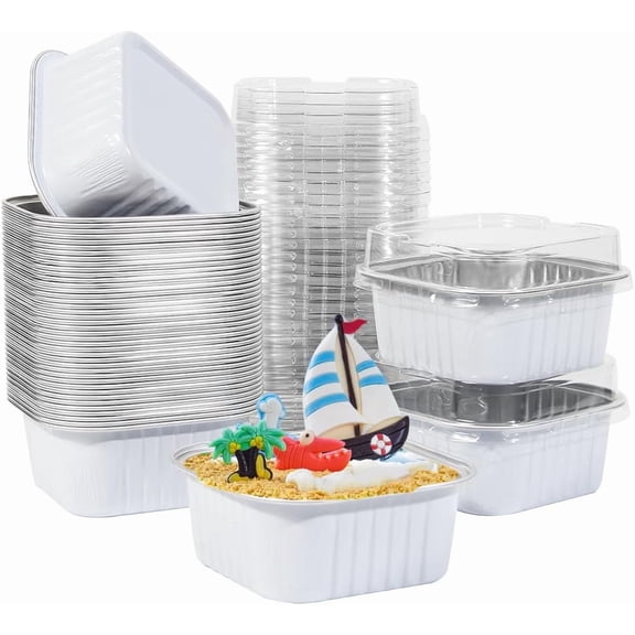 50 Pcs Mini Square Baking Cups with Lids,5oz Aluminum Foil Mini Cake Pans with Lids,Disposable Ramekins Cake Pans,150ml Dessert Cups Cupcake Pans for Wedding Birthday Party,White