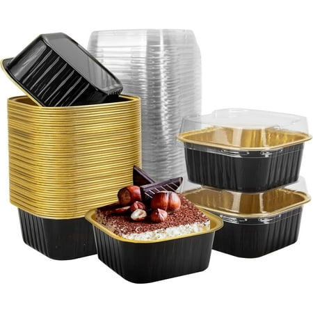50 Pcs Mini Square Baking Cups with Lids,5oz Aluminum Foil Mini Cake Pans with Lids,Disposable Ramekins Cake Pans,150ml Dessert Cups Cupcake Pans for Wedding Birthday Party,Black Gold
