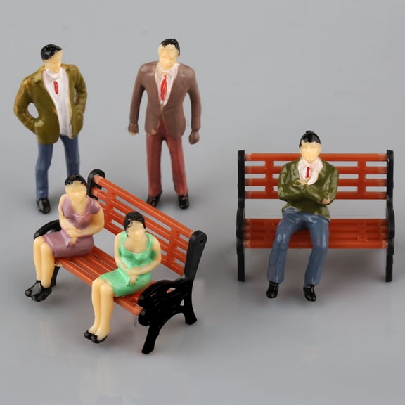 50 Pcs Model Trains Architectural Scale Painted Figures, Include 50 Seated Standing Model People Passanger Figures (1:50) and 6 Bench Train Railway Layout (1:75)