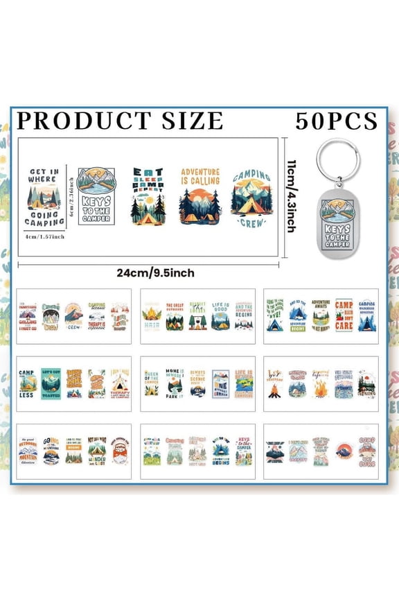 50 Pcs Motel Keychain Stickers Modern Camping Style UV DTF Transfer Stickers Waterproof Transfer Sticker Decals for Acrylic Hotel Keychain Card