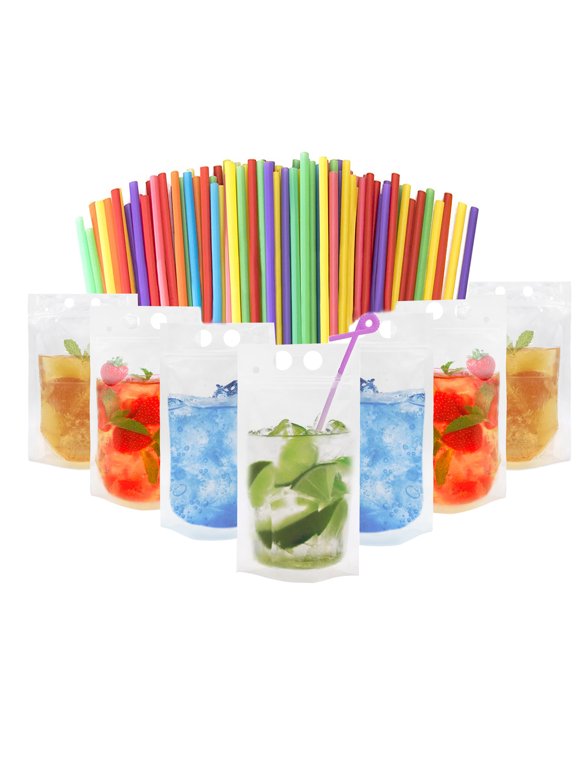 50 Pcs Muka 16 OZ Reusable Frosted Stand up Juice Pouches with Reusable Straws, Hand-held, 4 Mil