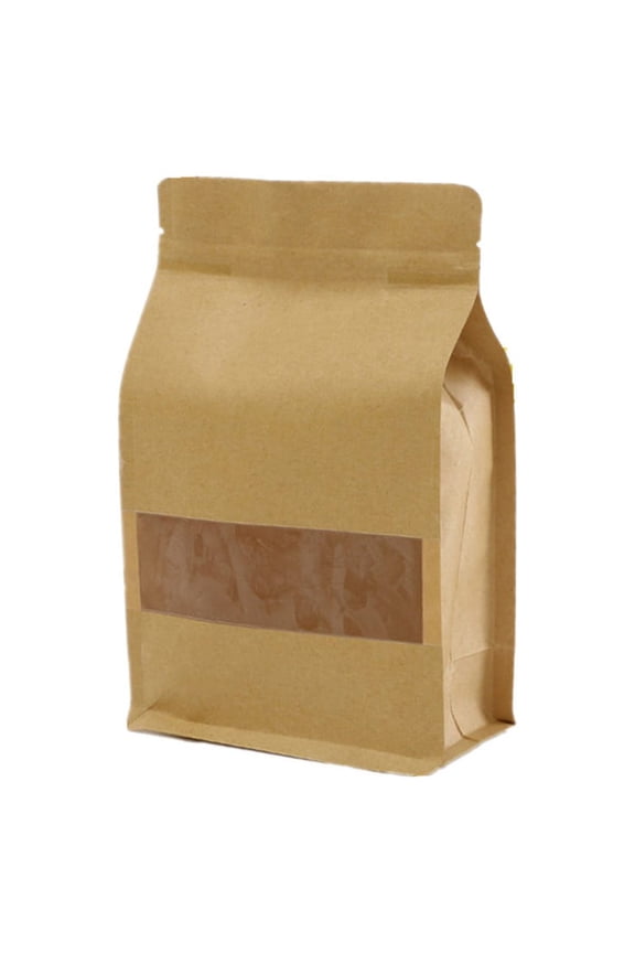 50 Pcs Muka 2 LB Natural Kraft Quad Seal Bags, Frosted Window Side Gusset Bags w/ Notch and Zip