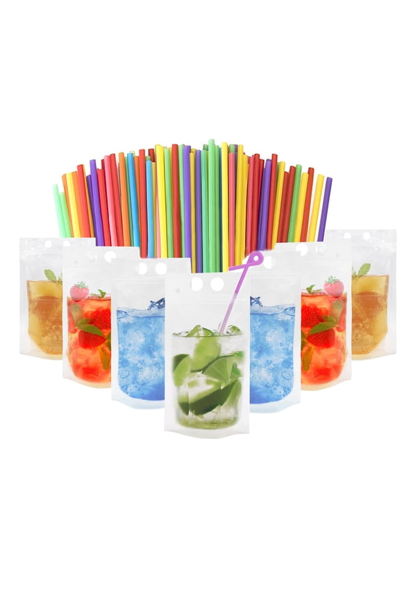 50 Pcs Muka 8 OZ Reusable Frosted Stand up Juice Pouches with Reusable Straws, Hand-held, 4 Mil