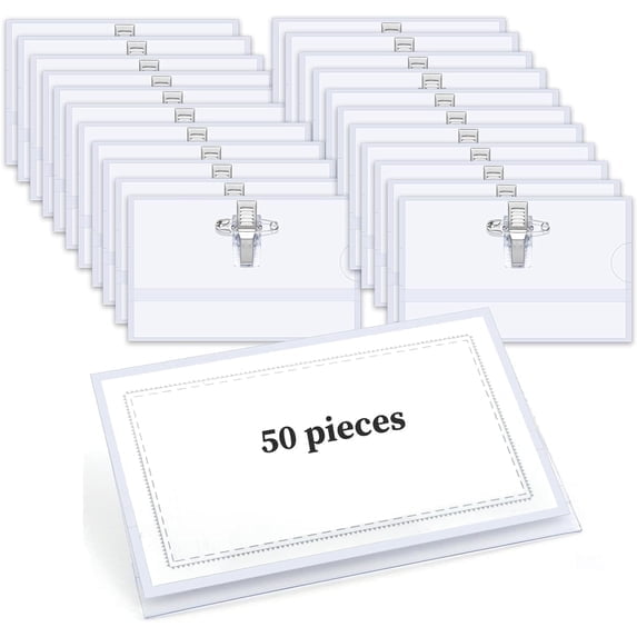 50 Pcs Name Badge Holders with Clip and Safety Pin, Clear Plastic ID Name Tag Holders, 3.54 x 2.2 Inch for School, Office and Conference Events