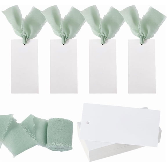 50 Pcs Name Place Cards for Table Setting 3.93 x 1.97 Inch Blanks Place Cards Gift Tags with Green Fringe Ribbon Table Name Cards for Wedding Dinner Party Anniversary Event