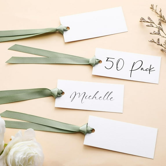 50 Pcs Name Place Cards for Table Setting Blank Wedding Place Cards with Satin Ribbon 1.57 x 3.54 Inch Hanging Gift Tags for Wedding Dinner Banquet Party Table Setting Supplies