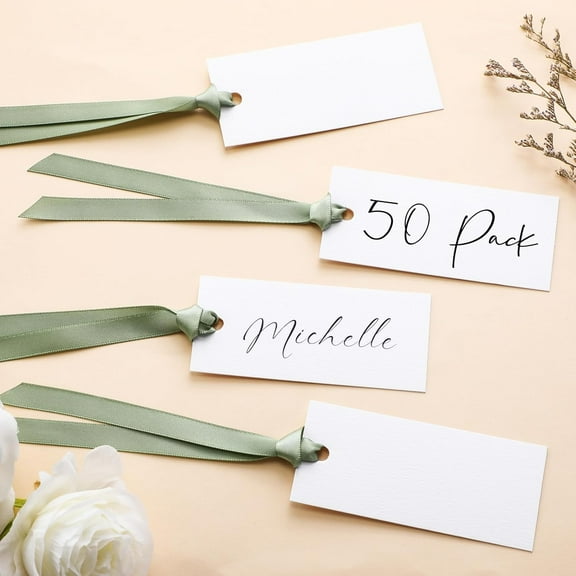 50 Pcs Name Place Cards for Table Setting Blank Wedding Place Cards with Satin Ribbon 1.57 x 3.54 Inch Hanging Gift Tags for Wedding Dinner Banquet Party Table Setting Supplies