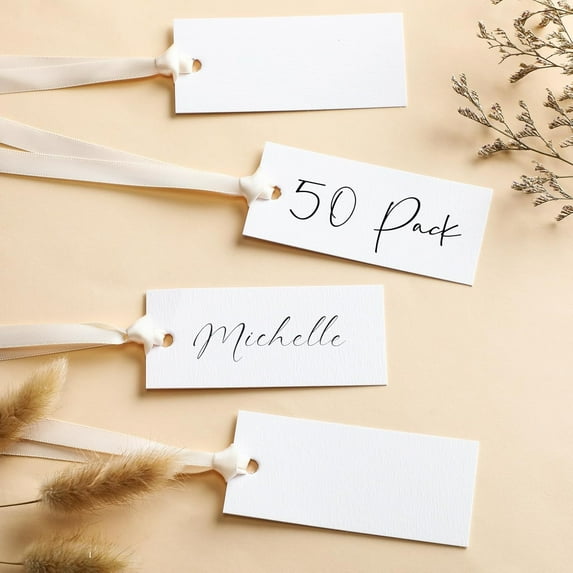 50 Pcs Name Place Cards for Table Setting Blank Wedding Place Cards with Satin Ribbon 1.57 x 3.54 Inch Hanging Gift Tags for Wedding Dinner Banquet Party Table Setting Supplies