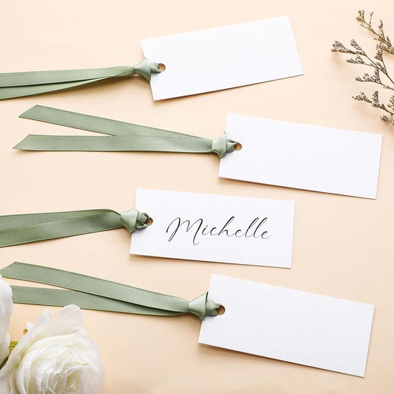 50 Pcs Name Place Cards for Table Setting Blank Wedding Place Cards with Satin Ribbon 1.6 x 3.5 Inch Hanging Gift Tags for Wedding Dinner Banquet Party Table Setting Supplies