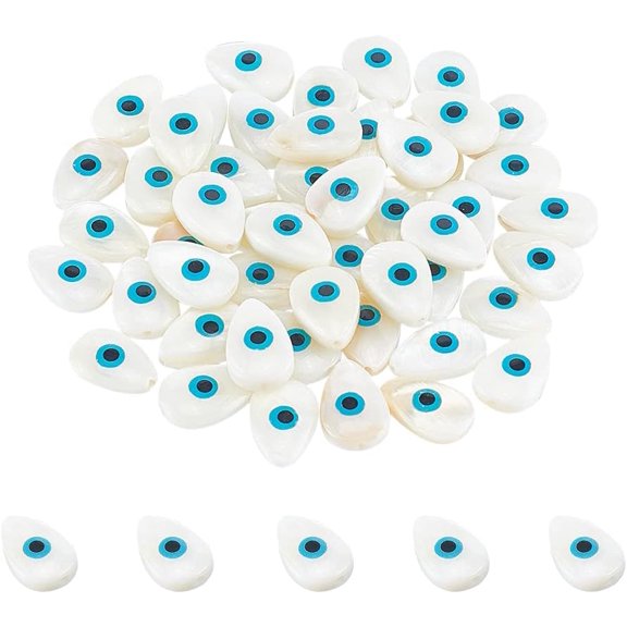 50 Pcs Natural Freshwater Shell Evil Eye Beads Blue Flat Teardrop Shell Beads Loose Evil Eye Beads Charms Beads for Necklace Earrings Bracelet Jewelry Making