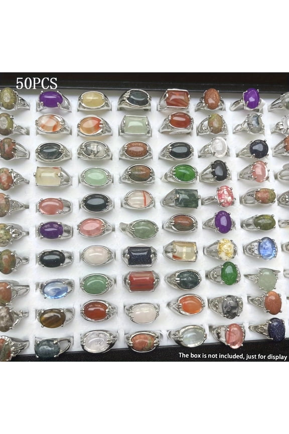 50 Pcs Natural Stone Rings Set  Boho Agate Design Mixed Styles, Crystal Rings for Women and Men, Bulk Jewelry for Gift Giving, Party Favors