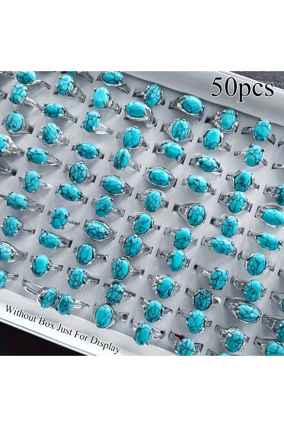 50 Pcs Natural Turquoise Stone Rings Light Blue Oval Commitment Rings, Mixed Sizes 16-20mm for Daily Stacking, Party Styling, Couple Keepsakes, Holiday Gifts
