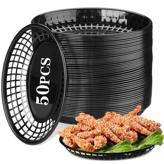 50 Pcs Oval Plastic Baskets, Food Service Bins, Stackable Fast Food Holders for Bread, Fruits, Snacks