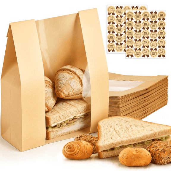 50 Pcs Paper Bread Bags with Window, Sourdough Bread Bags for Homemade Bread, Brown Kraft Paper Food Storage Bag Includes 50 Stickers for Baked Food Storage and Packaging (13.8x8.3x3.5 inches)