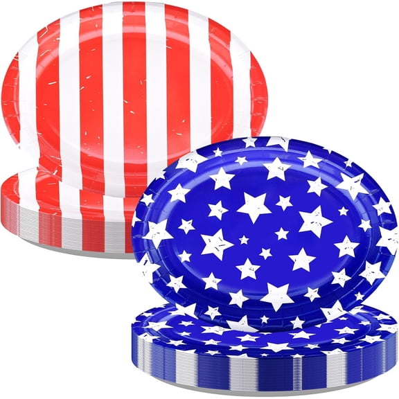 50 Pcs Patriotic Oval Paper Plates 9" x 11" – Stars and Stripes 4th of July Plates, Red White Blue Disposable Plates for Independence Day Party BBQ Supplies