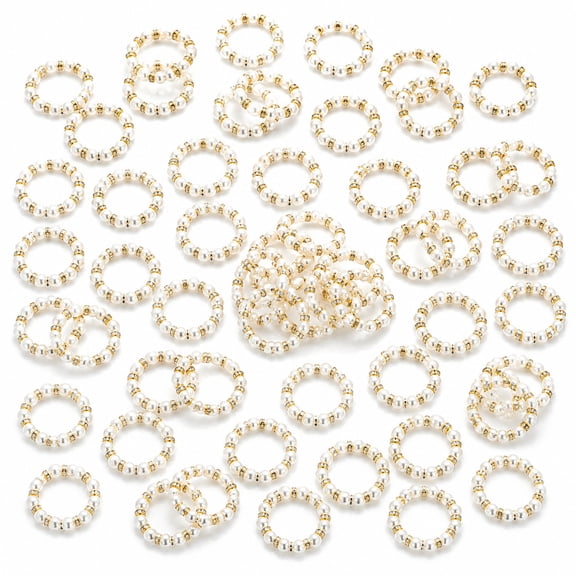 50 Pcs Pearl Napkin Rings Bulk, Elastic Faux Pearl Napkin Ring Holders with Gold Rhinestone Spacers for Wedding Reception, Dinner Party, Holiday Table Decor and Home Dining