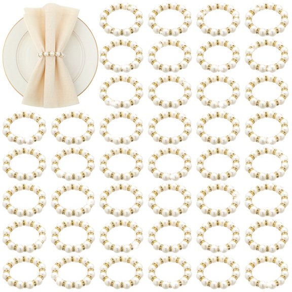 50 Pcs Pearl Napkin Rings with Rhinestone Elastic Holders Elegant Table Decor Accessories for Daily Dining Wedding Banquet Party Decoration Golden Style Table Setting Supplies