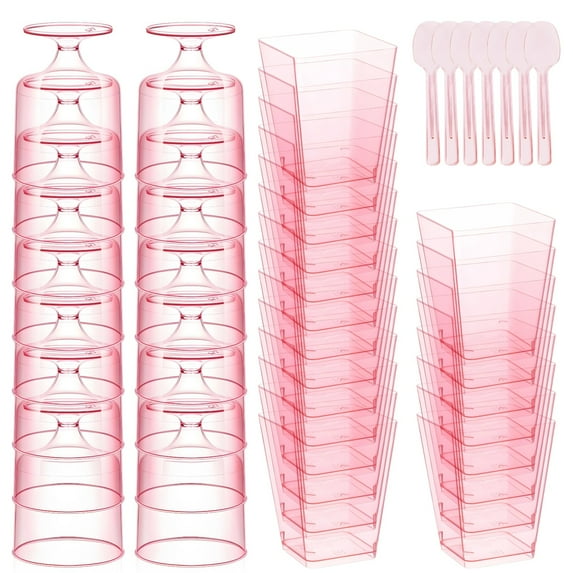 50 Pcs Pink 5 oz Plastic Dessert Cups with Spoons, Mini Parfait and Charcuterie Cups for Party and Wedding, Includes Rectangular and Pedestal Cups, Disposable Reusable Vasitos para Postres