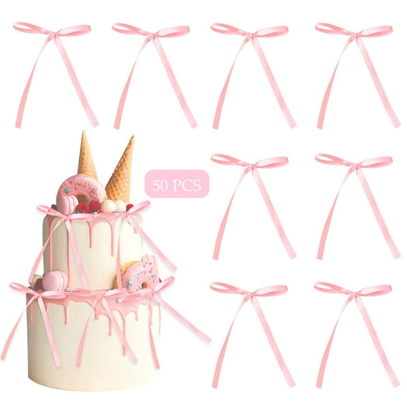 50 Pcs Pink Bow Cake Toppers, Bowknot Decorations for Cakes Gifts Bags, Ribbon Bows for Birthday Wedding Party Anniversary Supplies