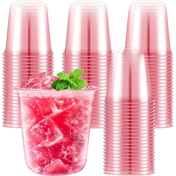 50 Pcs Pink Clear Plastic Cups 12 oz, Bulk Disposable Stemless Wine Glasses, Cute Pink Plastic Party Cups for Meeting Wedding Birthday Valentines Christmas Cocktail Theme Party Supplies Decorations