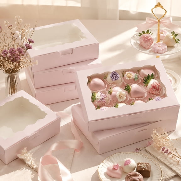 50 Pcs Pink Gift Boxes with Clear Window for Desserts and Party Favors, Elegant Rectangular Paper Bakery Boxes for Cakes Cookies Chocolates and Wedding Birthday Holiday Packaging Supplies