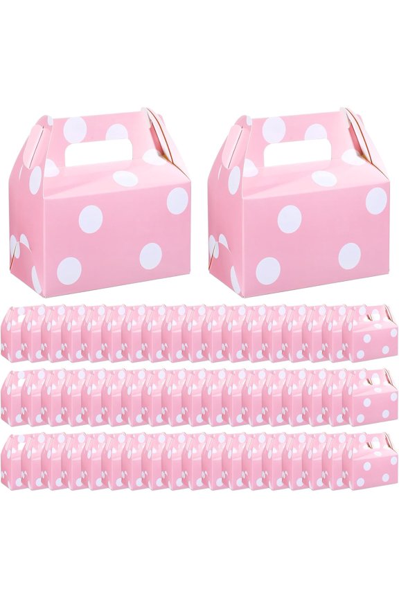 50 Pcs Pink Polka Dot Party Favors Boxes Large Treat Candy Gift Boxes with Handles 6.3 x 6.3 x 3.5 Inches for Birthday Halloween Christmas Party Supplies
