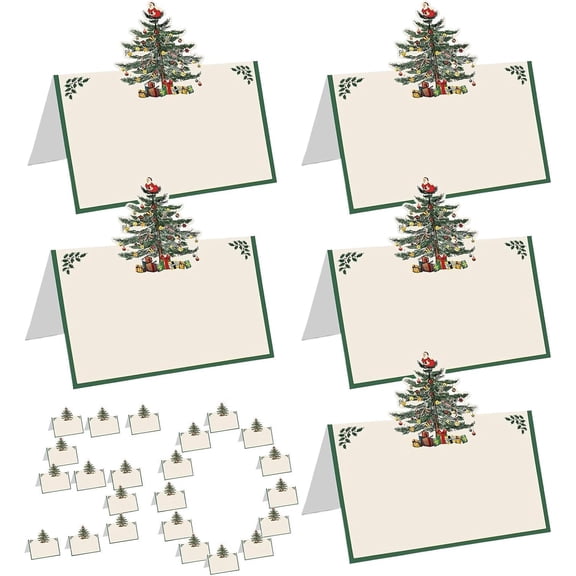 50 Pcs Place Cards, Green Christmas Tree Tent Name Cards, Blank Seat Assignment Label Card for Christmas Winter Party Table Setting Supplies