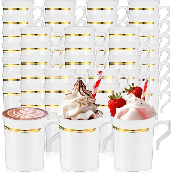 50 Pcs Plastic Coffee Cups with Rim 8 oz Disposable Coffee Mugs with Handle Disposable Tea Cups Espresso Beverage Plastic Mugs for Wedding (White,Gold)