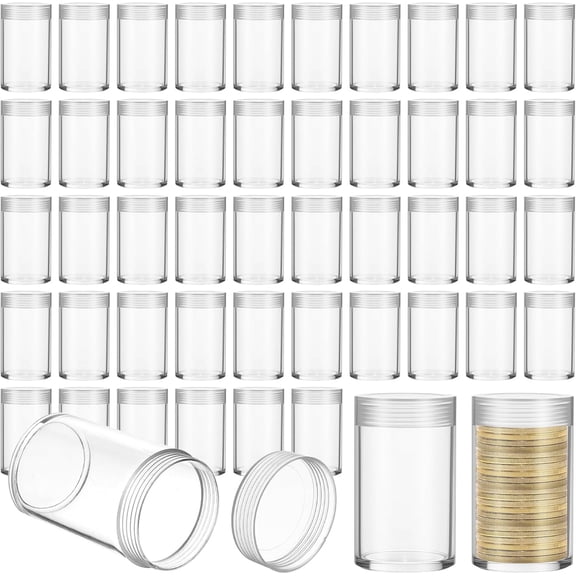50 Pcs Plastic Coin Storage Tubes, 2.4x1.1 Inch Clear Screw Lid Containers for Quarter, Dime and Penny Collection, Archival Quality Coin Holders for Long Term Storage