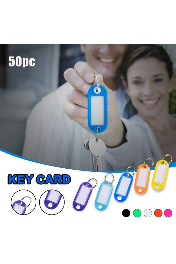 50 Pcs Plastic Colored Key Ring Tags with Labels, Name Tags and Key Identifiers for Keys, USB Drives, Small Luggage, Pets, and Keychains