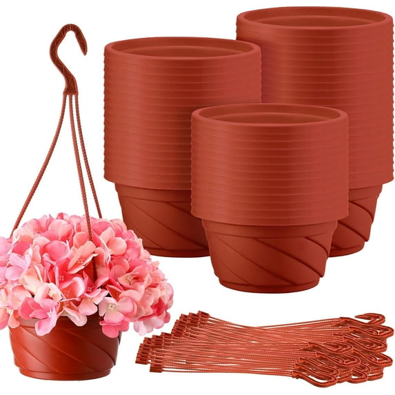 50 Pcs Plastic Hanging Planter Round Hanging Pot for Plants Containers with Hook Flower Plant Pots Holders for Outdoor Indoor Plant Balcony Garden Decor(Coffee)