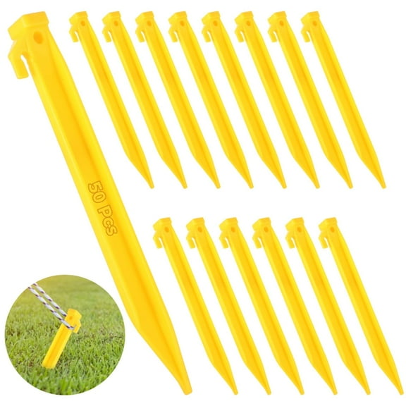 50 Pcs Heavy Duty Plastic Tent Stakes | 9" Wind-Resistant Pegs with Secure Hook Design, Unbreakable and Inflexible Tent Spikes for Camping Patio, Garden, Canopies, Grassland, Outdoor