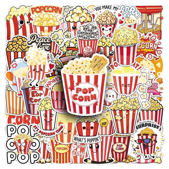 50 Pcs Popcorn Stickers Pack - Waterproof Vinyl Decals For Water Bottle, Laptop, Phone, Skateboard, Scrapbooking, Movie Night Party Favors & Decorations