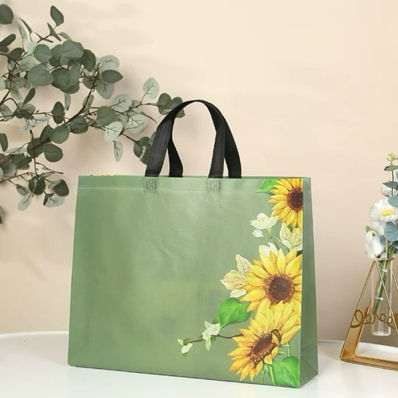 50 Pcs Premium Non - Woven Gift Bags Showcasing Radiant Sunflower Patterns on a Lush Green Background for Cheerful Gifting and S
