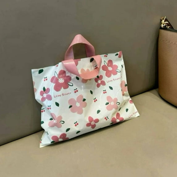  50 Pcs Premium Plastic Gift Bags with Pink Flower Patterns - 11.81x7.87x3.15 in, Pink - Handle, Durable & Elegant for Birthday Parties, Weddings & Events