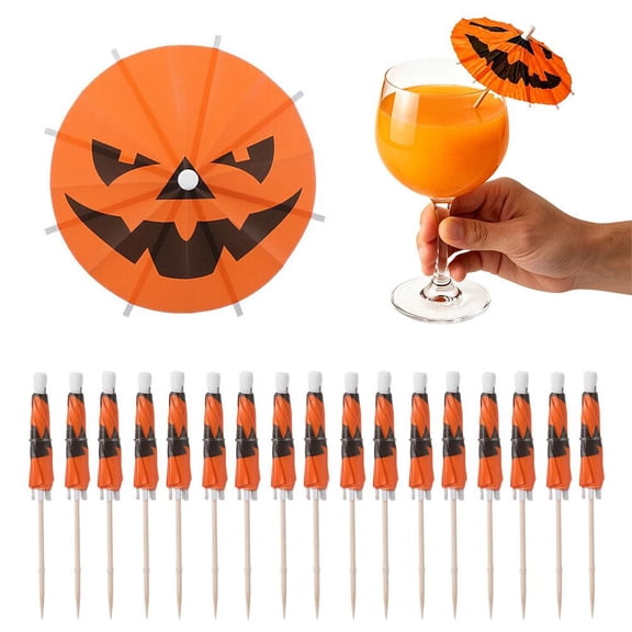 50 Pcs Pumpkin Cocktail Drink Umbrella Picks, Spooky & Colorful Paper Toothpicks with Pumpkins Cocktail Umbrellas Fruit Cupcake Topper Sticks for Party Decorations