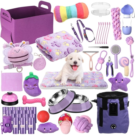 Puppy Supplies Starter Kit for Small Dogs with Leash Bowls Teeth Brushes Water Bottle and Accessories Purple