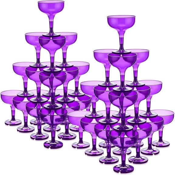 50 Pcs Purple Champagne Tower Coupe Glasses 5 oz Disposable Unbreakable Plastic Martini Glasses Wine Cups Stackable Stemmed Champagne Coupe Shatterproof Party Stem Cups