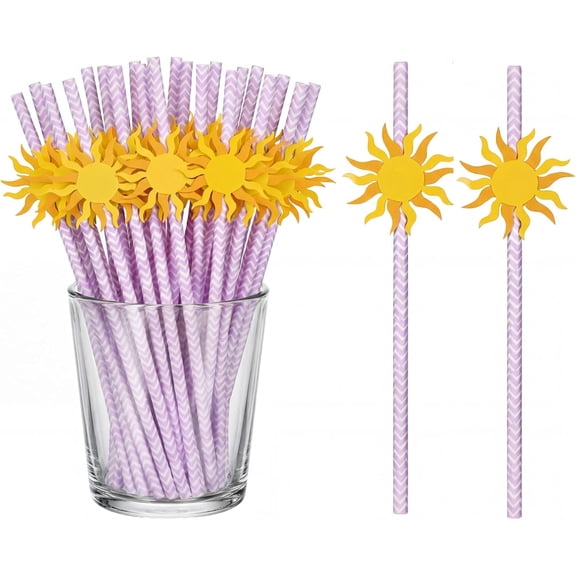 50 Pcs Purple Sun Party Paper Straws Princess Tangle Party Decorations Straws for Birthday Wedding Baby Shower Supplies