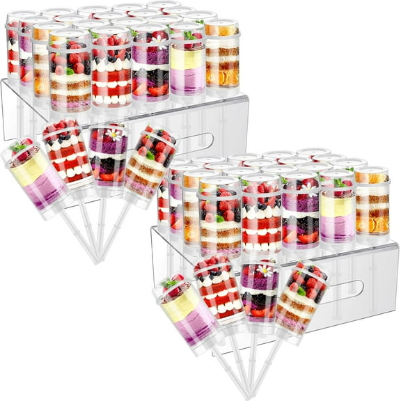 50 Pcs Push Cake Pop Containers Clear Plastic Acrylic Display Stand Set Includes 2 Pcs 20 Hole Cake Pop Holder with Lids and 48 Containers Shooter Cups for Birthday Weddings