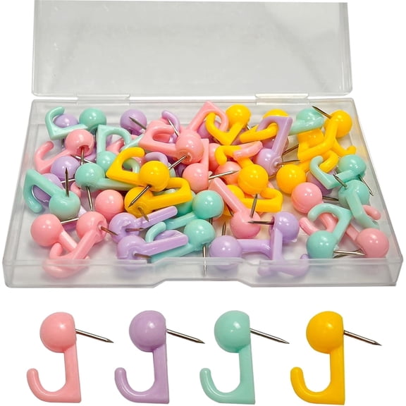50 Count Push Pin Hooks, Multicolor Plastic Head Thumb Tacks, Decorative Wall Pushpins for Cork Boards, Maps, Photos, Calendars, Home Office Desktop Supplies