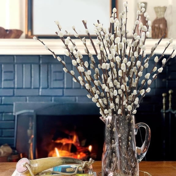 50 Pcs Real Pussy Willow Branches for Vases 16" Natural Pussywillows with White Flowers Snow Willow Branches Dried Flowers for Wedding Home Party Hotel Fireplace Yard Easter Christmas Decor
