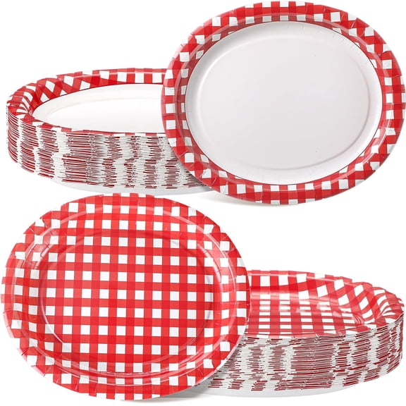 50 Pcs Red Gingham Oval Paper Plates Heavy Duty 10" x 12" Disposable Dinner Platters Large Christmas Red and White Plaid Plates for Wedding Bridal Baby Showers Birthday Party Supplies