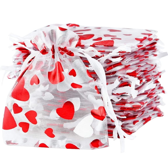 50 Pcs Red Heart Printed Organza Bags, 3.15x3.94 inch Drawstring Gift Bags, Sheer Mesh Jewelry Candy Favor Pouches for Valentine's Day, Mother's Day, Wedding Party Decor Topboutique