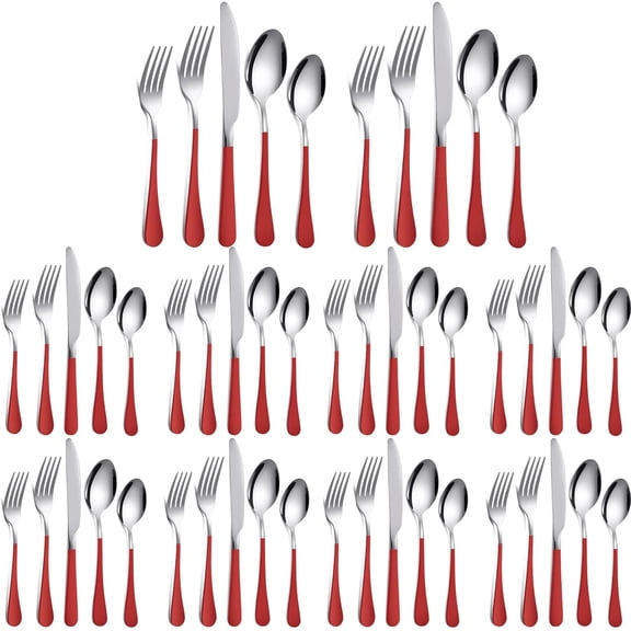 50 Pcs Red Silverware Set Stainless Steel Flatware Red Handle Cutlery Set Service for 10 Tableware Cutlery for Home and Restaurant Include Dinner Knives, Fork, Spoon, Salad Fork, Teaspoon