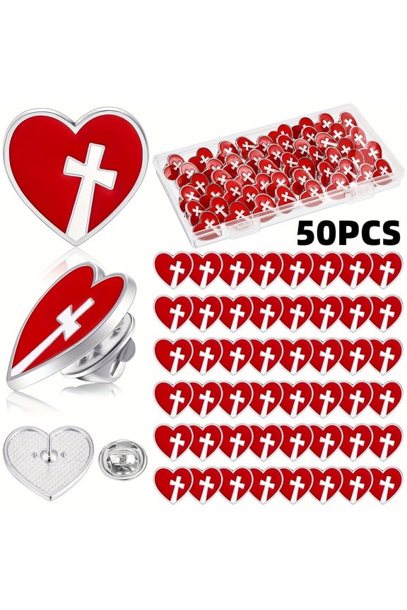 50 Pcs Religious Sacred Heart of Jesus Pins Bulk - Red Heart & Cross Enamel Lapel Brooches, Ideal Christian Favors for Church, Sunday School & Clergy Appreciation Gifts